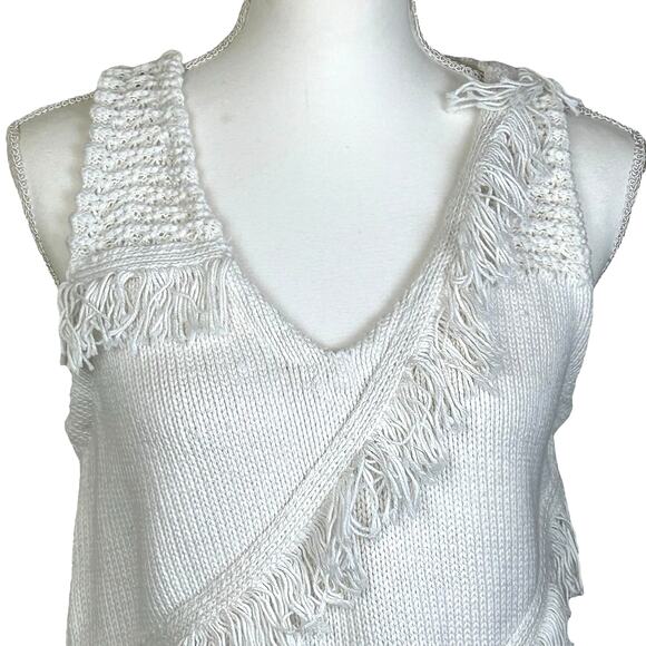by Anthropologie Crochet Vest Size Medium White Cotton Silk Fringe Boho Knit Top - Picture 2 of 12